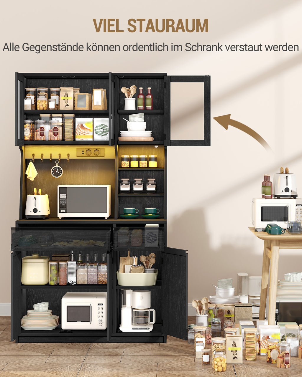 Hzuaneri kitchen cabinet, sideboard, tall cabinet with sockets and LED light strips, with worktops and two drawers, adjustable shelves, kitchen, 40 x 100 x 180 cm, black PT00104XEU