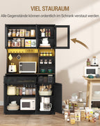 Hzuaneri kitchen cabinet, sideboard, tall cabinet with sockets and LED light strips, with worktops and two drawers, adjustable shelves, kitchen, 40 x 100 x 180 cm, black PT00104XEU