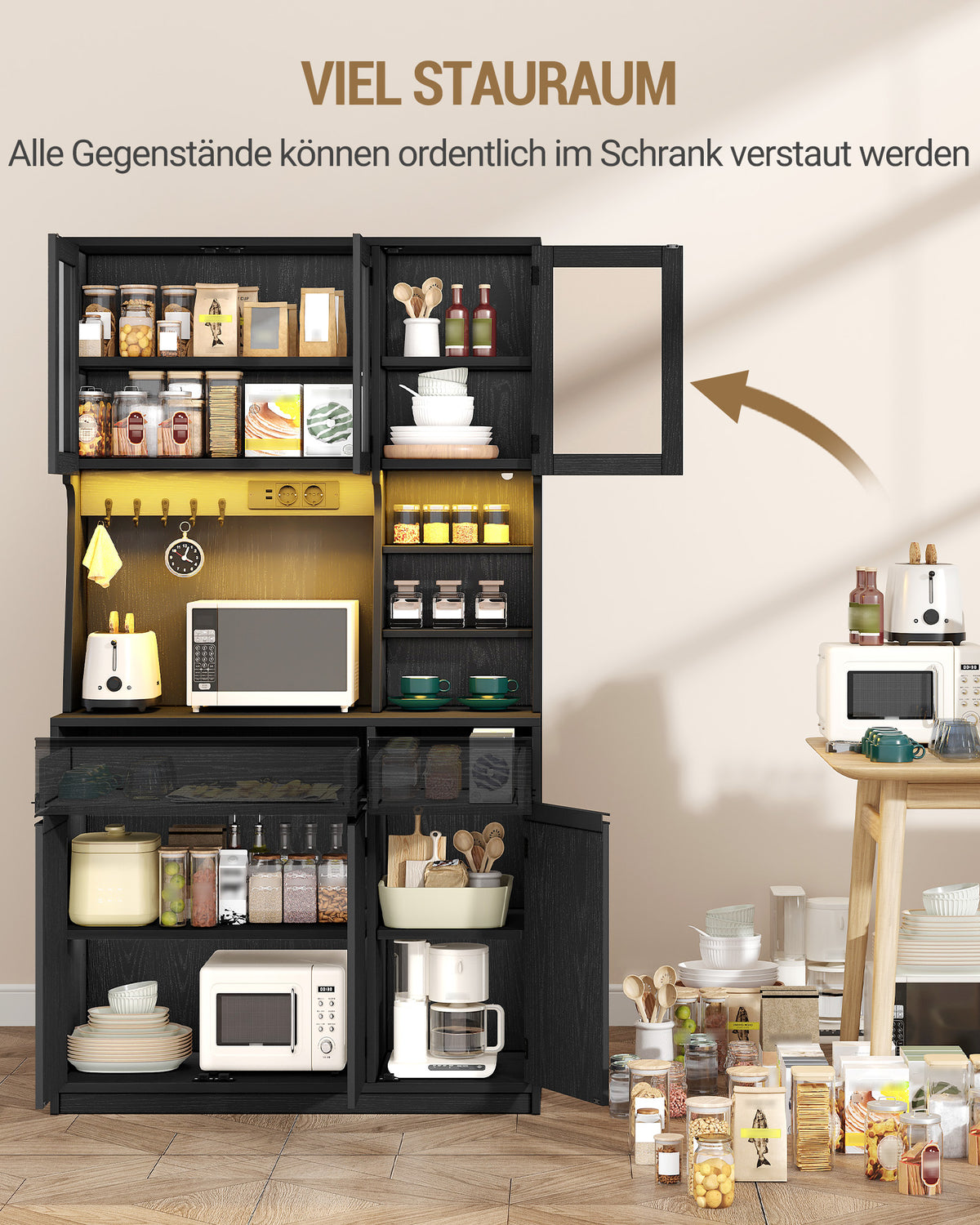Hzuaneri kitchen cabinet, sideboard, tall cabinet with sockets and LED light strips, with worktops and two drawers, adjustable shelves, kitchen, 40 x 100 x 180 cm, black PT00104XEU