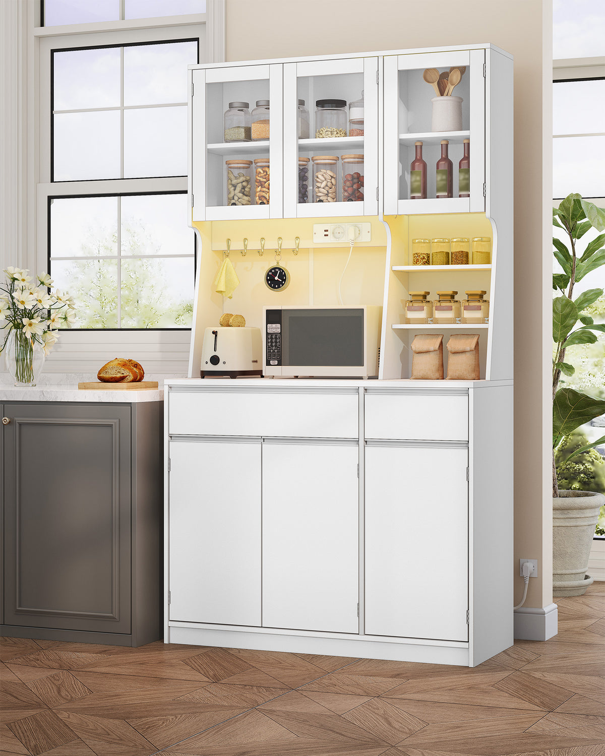 HEXCELEN Kitchen Cabinet, Sideboard, Tall Cabinet with Sockets and LED Lighting, White