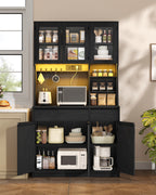 Hzuaneri kitchen cabinet, sideboard, tall cabinet with sockets and LED light strips, with worktops and two drawers, adjustable shelves, kitchen, 40 x 100 x 180 cm, black PT00104XEU