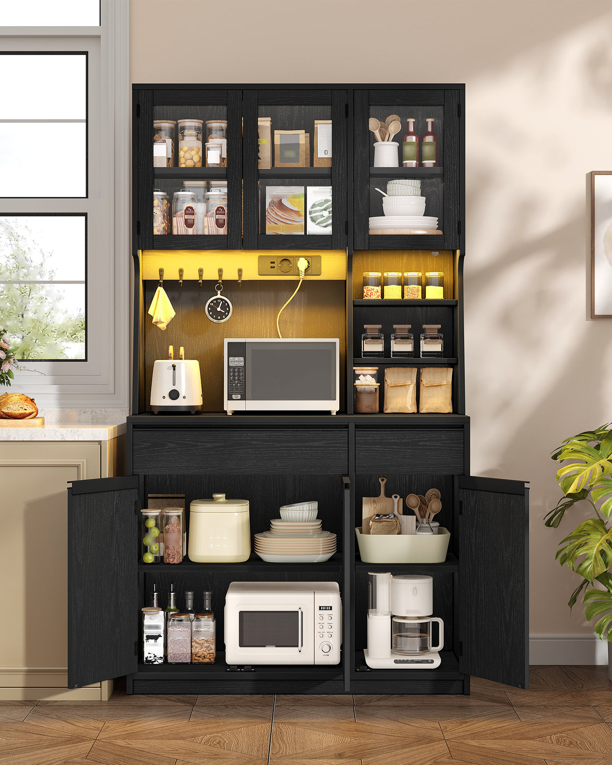 Hzuaneri kitchen cabinet, sideboard, tall cabinet with sockets and LED light strips, with worktops and two drawers, adjustable shelves, kitchen, 40 x 100 x 180 cm, black PT00104XEU