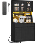 Hzuaneri kitchen cabinet, sideboard, tall cabinet with sockets and LED light strips, with worktops and two drawers, adjustable shelves, kitchen, 40 x 100 x 180 cm, black PT00104X