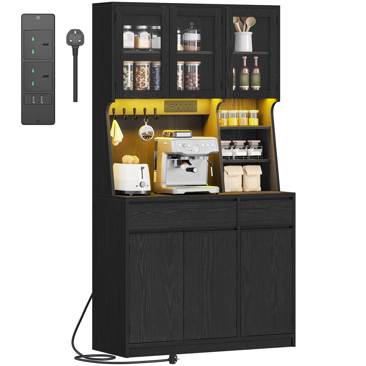 Hzuaneri kitchen cabinet, sideboard, tall cabinet with sockets and LED light strips, with worktops and two drawers, adjustable shelves, kitchen, 40 x 100 x 180 cm, black PT00104X