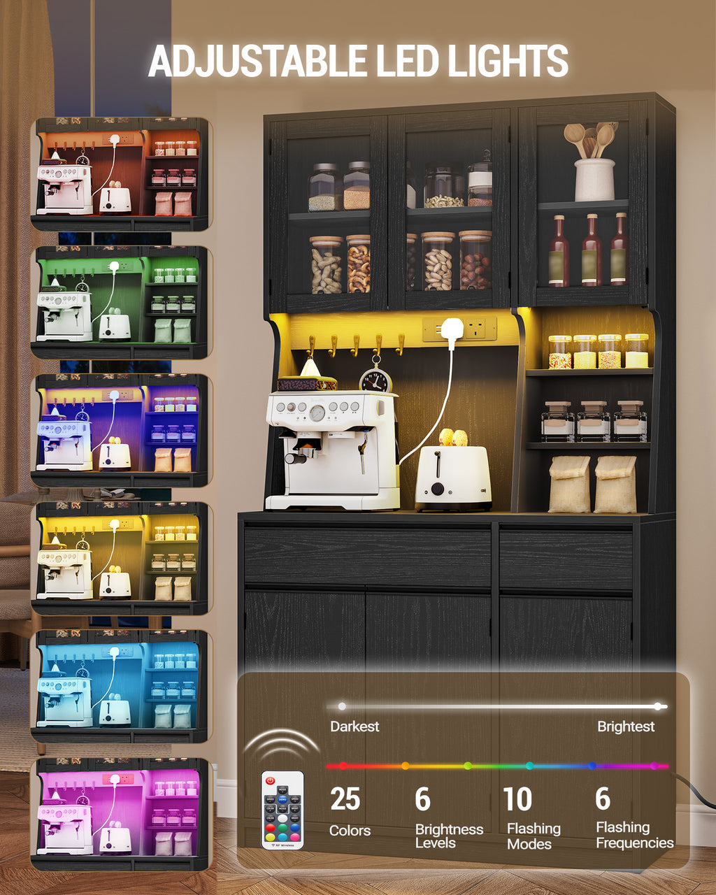 Hzuaneri kitchen cabinet, sideboard, tall cabinet with sockets and LED light strips, with worktops and two drawers, adjustable shelves, kitchen, 40 x 100 x 180 cm, black PT00104X