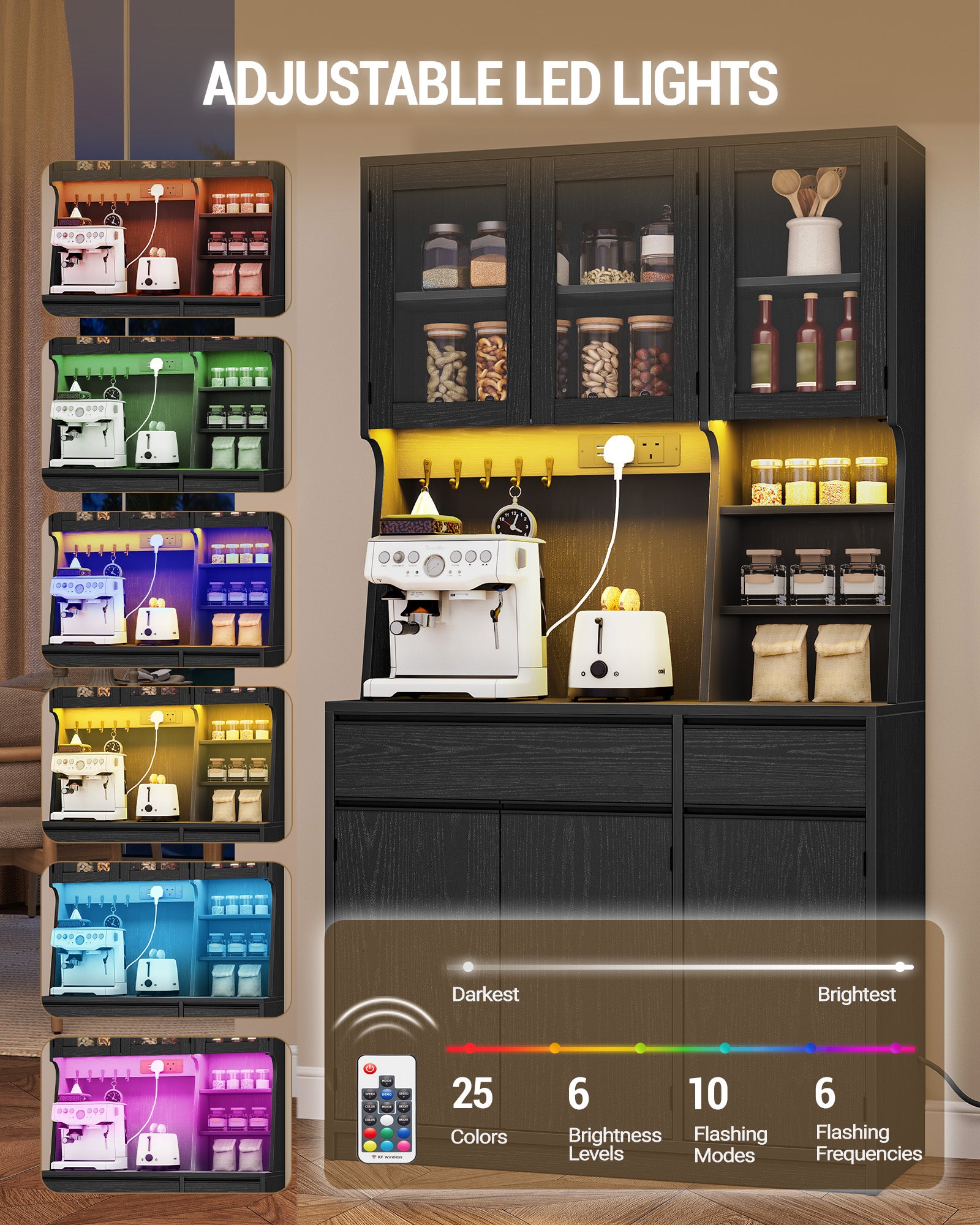 Hzuaneri kitchen cabinet, sideboard, tall cabinet with sockets and LED light strips, with worktops and two drawers, adjustable shelves, kitchen, 40 x 100 x 180 cm, black PT00104X
