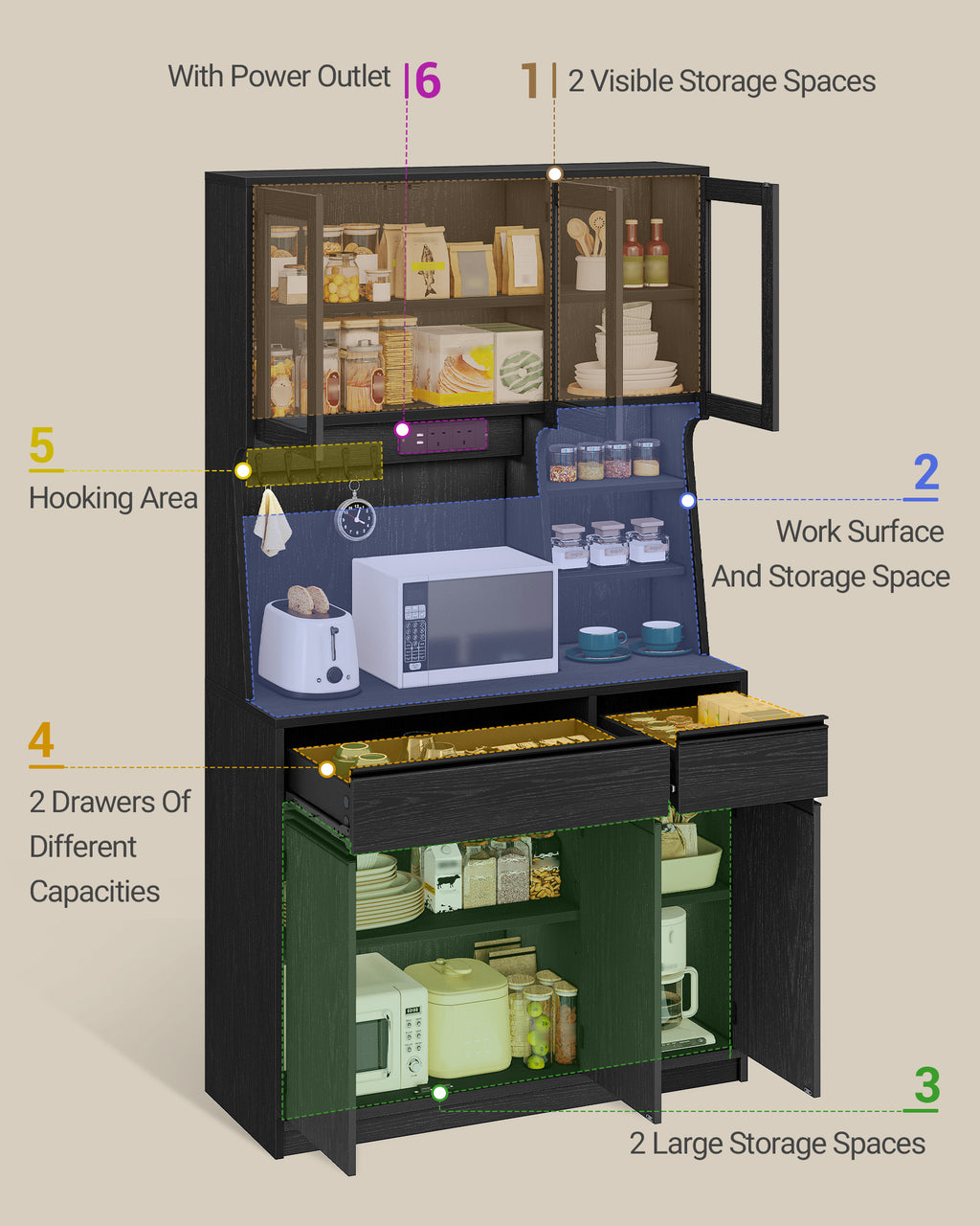 Hzuaneri kitchen cabinet, sideboard, tall cabinet with sockets and LED light strips, with worktops and two drawers, adjustable shelves, kitchen, 40 x 100 x 180 cm, black PT00104X