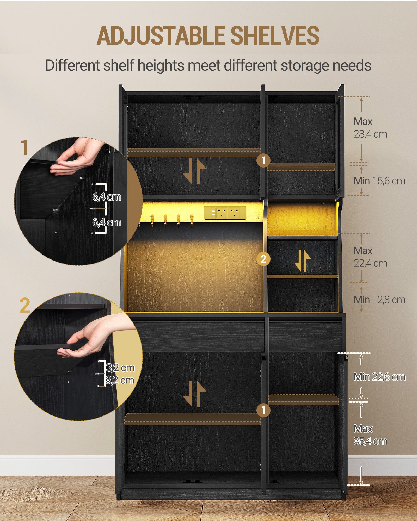 Hzuaneri kitchen cabinet, sideboard, tall cabinet with sockets and LED light strips, with worktops and two drawers, adjustable shelves, kitchen, 40 x 100 x 180 cm, black PT00104X