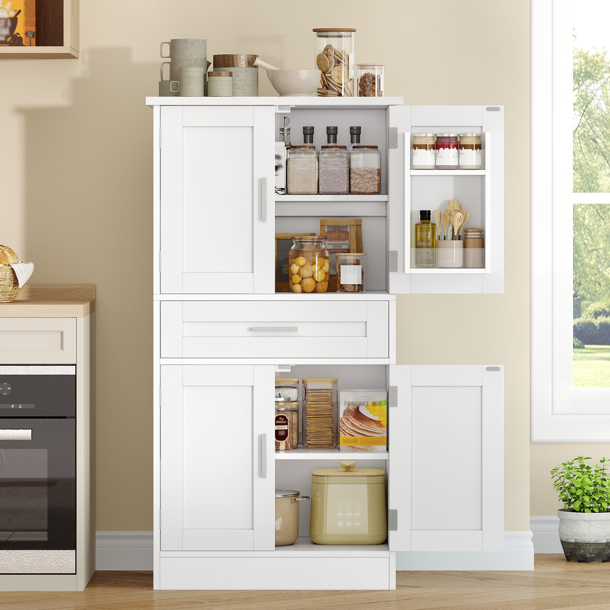 Hzuaneri  Buffet Cabinet, Kitchen Cabinet with 4-Tier Door Back Shelf System, Sideboard with 4 Doors and 1 Large Drawer, Modern Style, Kitchen, Living Room, 40 x 60 x 120 cm, White PT20003X