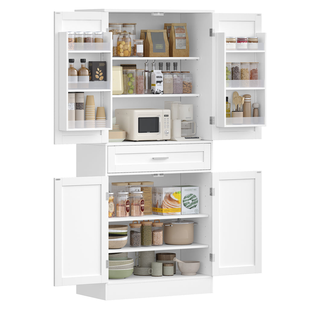 Hzuaneri Buffet Cabinet, Kitchen Cabinet with 6-Tier Door Back Shelf System, Sideboard with 4 Doors and 1 Large Drawer, Modern Style, Kitchen, Living Room, 40 x 80 x 180 cm, White PT21003X