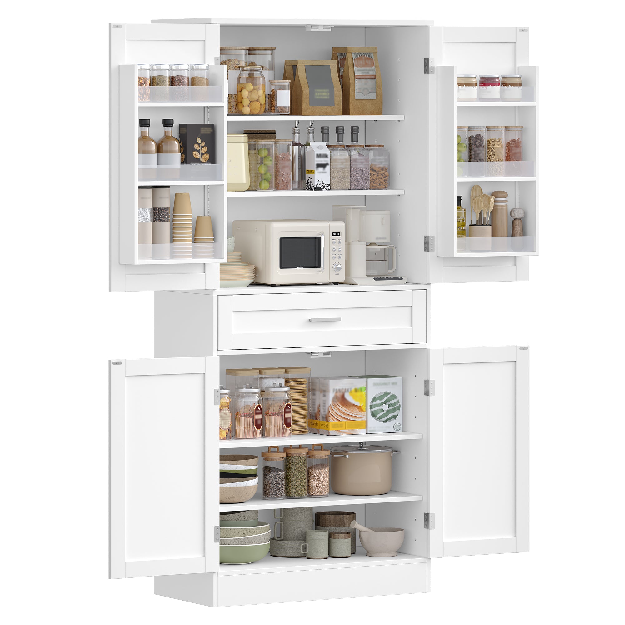 Hzuaneri Buffet Cabinet, Kitchen Cabinet with 6-Tier Door Back Shelf System, Sideboard with 4 Doors and 1 Large Drawer, Modern Style, Kitchen, Living Room, 40 x 80 x 180 cm, White PT21003X