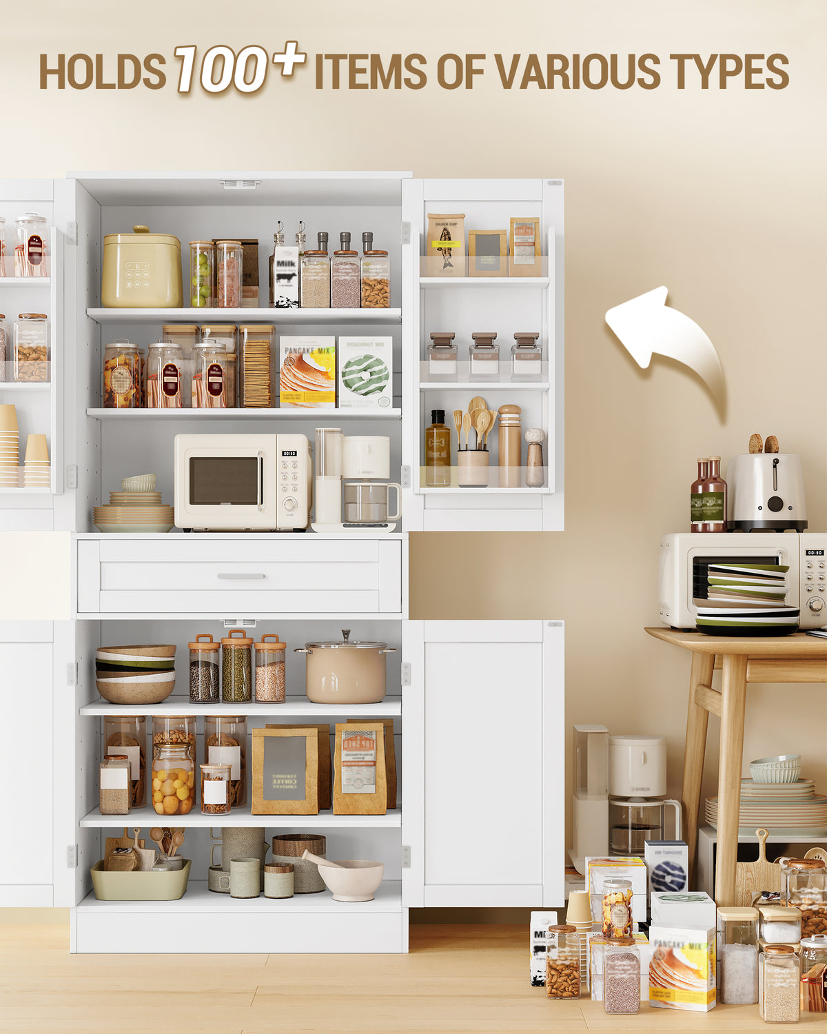 Hzuaneri Buffet Cabinet, Kitchen Cabinet with 6-Tier Door Back Shelf System, Sideboard with 4 Doors and 1 Large Drawer, Modern Style, Kitchen, Living Room, 40 x 80 x 180 cm, White PT21003X