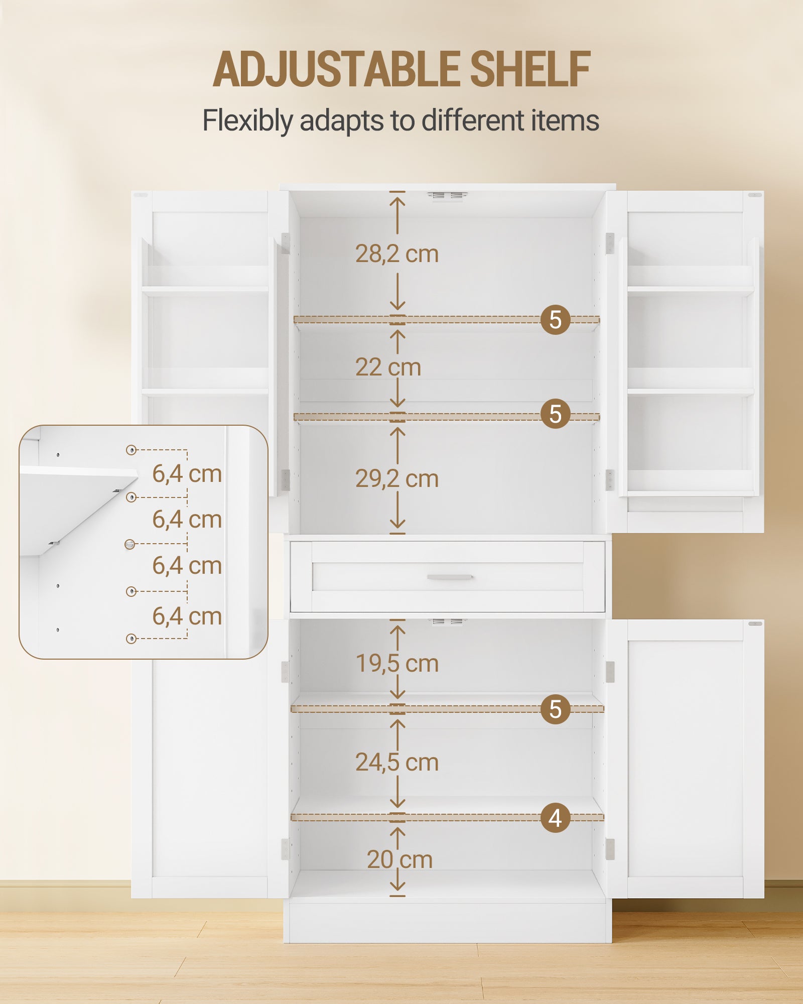 Hzuaneri Buffet Cabinet, Kitchen Cabinet with 6-Tier Door Back Shelf System, Sideboard with 4 Doors and 1 Large Drawer, Modern Style, Kitchen, Living Room, 40 x 80 x 180 cm, White PT21003X
