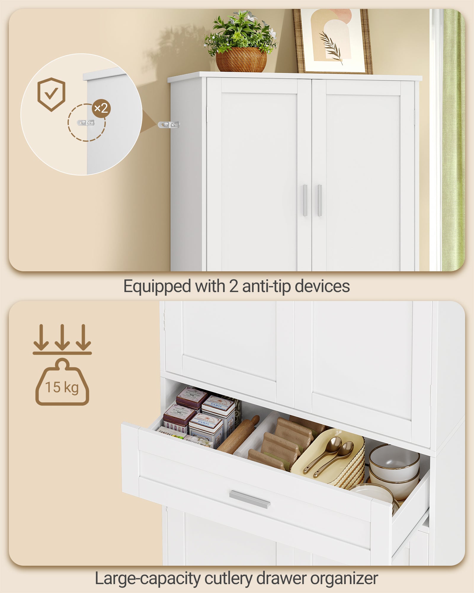 Hzuaneri Buffet Cabinet, Kitchen Cabinet with 6-Tier Door Back Shelf System, Sideboard with 4 Doors and 1 Large Drawer, Modern Style, Kitchen, Living Room, 40 x 80 x 180 cm, White PT21003X