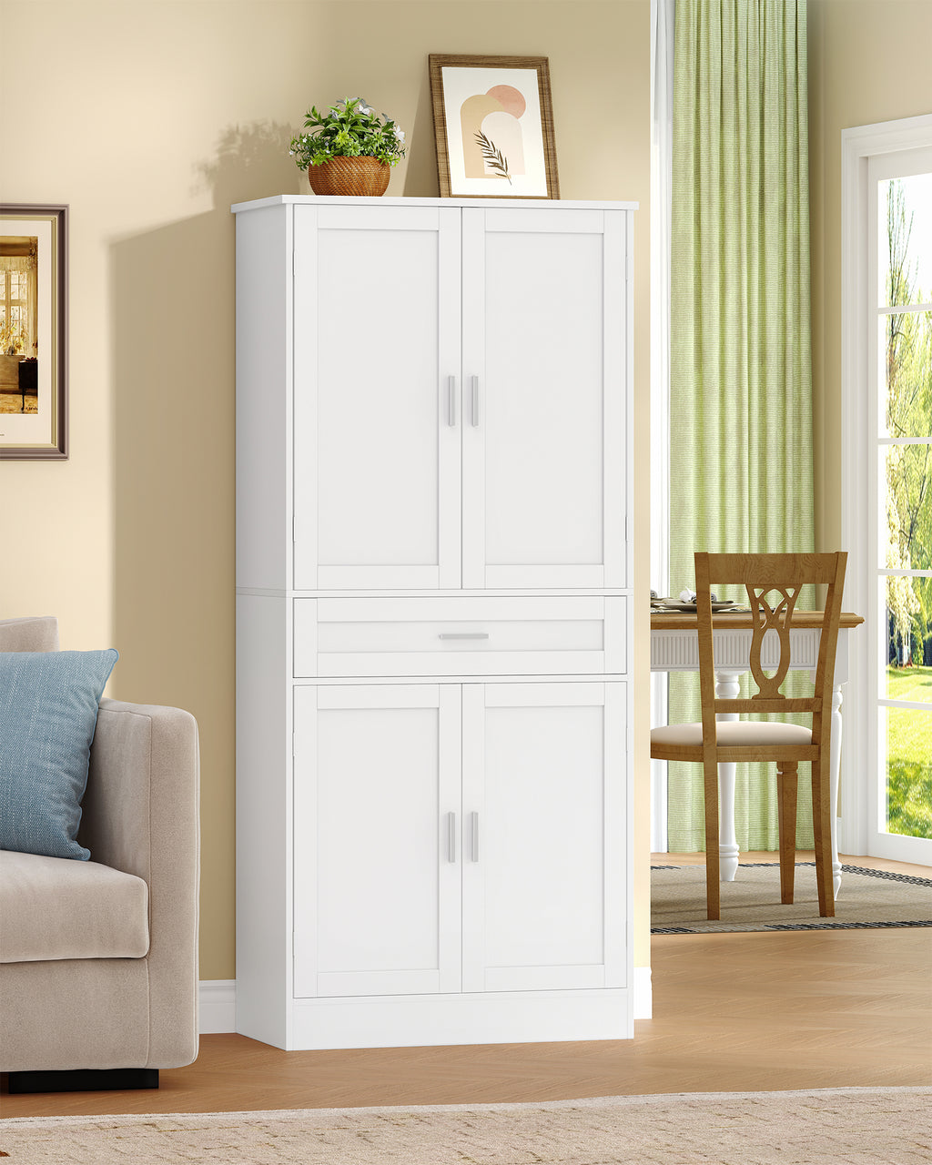Hzuaneri Buffet Cabinet, Kitchen Cabinet with 6-Tier Door Back Shelf System, Sideboard with 4 Doors and 1 Large Drawer, Modern Style, Kitchen, Living Room, 40 x 80 x 180 cm, White PT21003X