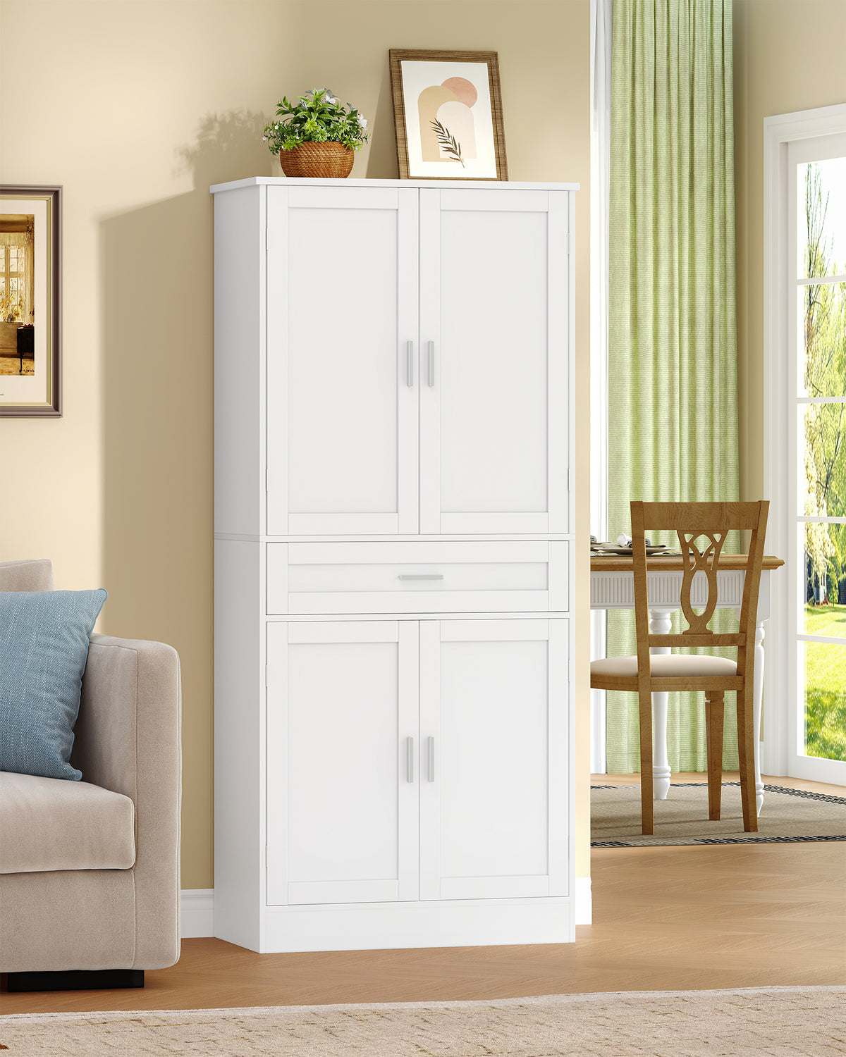 Hzuaneri Buffet Cabinet, Kitchen Cabinet with 6-Tier Door Back Shelf System, Sideboard with 4 Doors and 1 Large Drawer, Modern Style, Kitchen, Living Room, 40 x 80 x 180 cm, White PT21003X