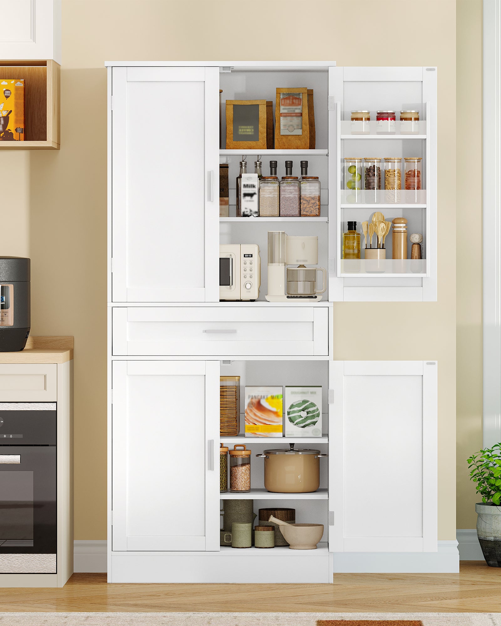 Hzuaneri Buffet Cabinet, Kitchen Cabinet with 6-Tier Door Back Shelf System, Sideboard with 4 Doors and 1 Large Drawer, Modern Style, Kitchen, Living Room, 40 x 80 x 180 cm, White PT21003X