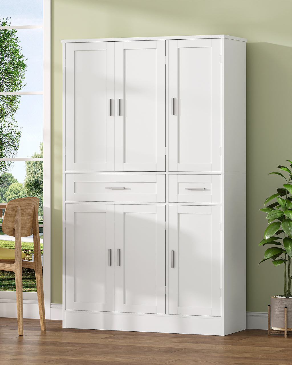 Hzuaneri Buffet Cabinet, Kitchen Cabinet with 9-Tier Door Back Shelf System, Sideboard with 6 Doors and 2 Large Drawers, Modern Style, Kitchen, Living Room, 40 x 92 x 180 cm, White PT30003X