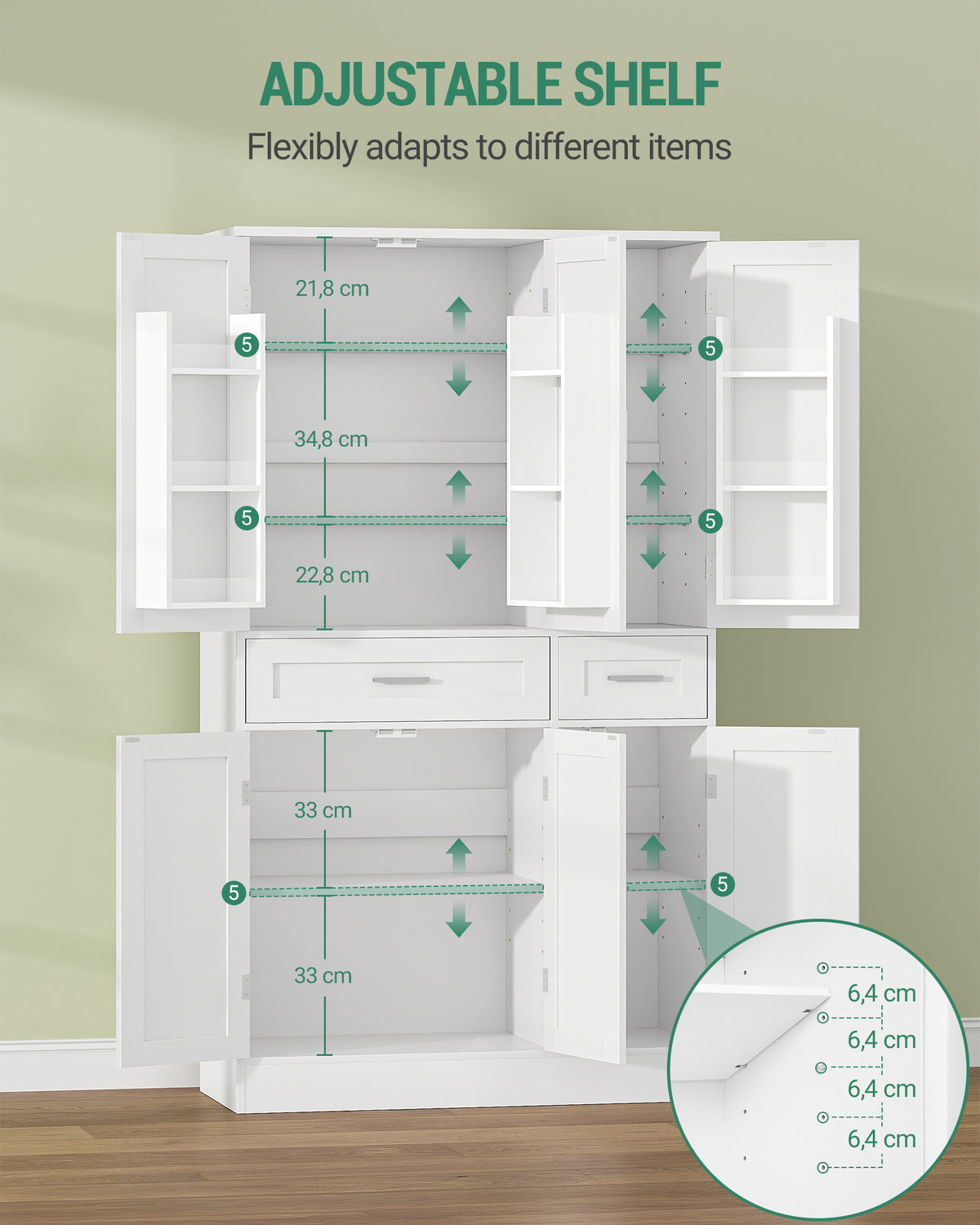 Hzuaneri Buffet Cabinet, Kitchen Cabinet with 9-Tier Door Back Shelf System, Sideboard with 6 Doors and 2 Large Drawers, Modern Style, Kitchen, Living Room, 40 x 92 x 180 cm, White PT30003X