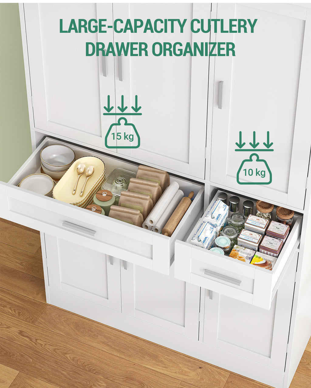Hzuaneri Buffet Cabinet, Kitchen Cabinet with 9-Tier Door Back Shelf System, Sideboard with 6 Doors and 2 Large Drawers, Modern Style, Kitchen, Living Room, 40 x 92 x 180 cm, White PT30003X