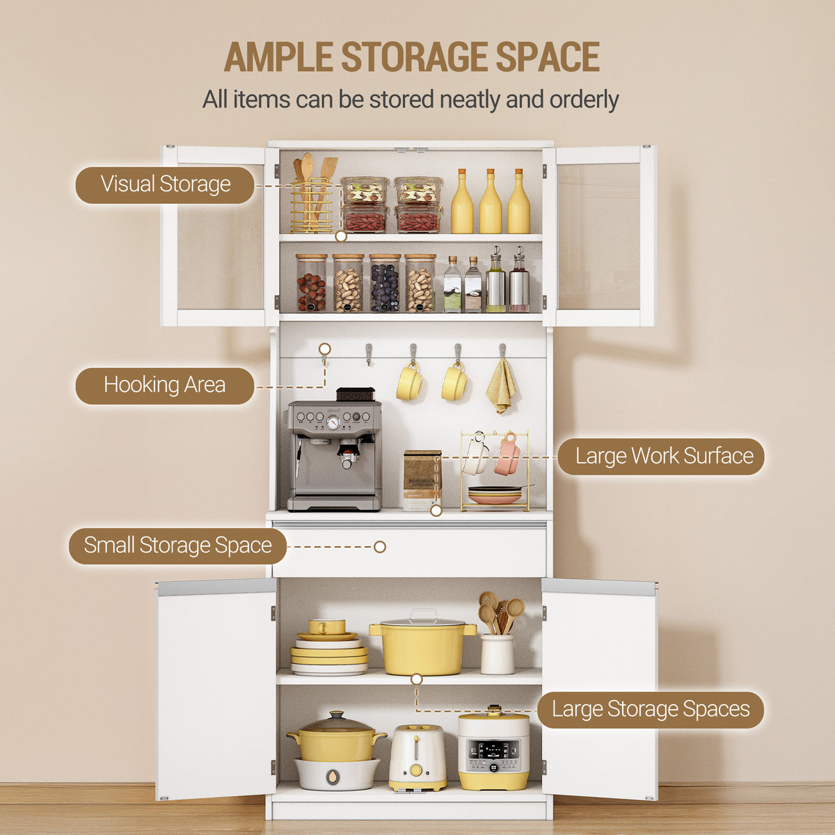 Hzuaneri kitchen cabinet, sideboard, tall cabinet with worktop and 4 storage compartments, kitchen, living room, 40 x 75 x 180 cm, hemp white, PT40003X