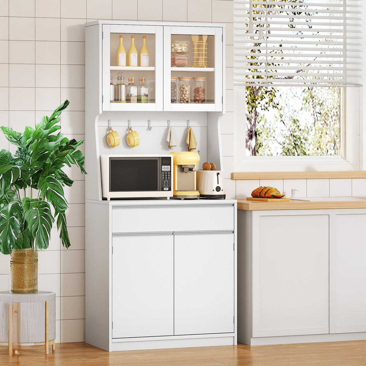 Hzuaneri kitchen cabinet, sideboard, tall cabinet with worktop and 4 storage compartments, kitchen, living room, 40 x 75 x 180 cm, hemp white, PT40003X