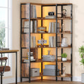 Hzuaneri 5-Tier Corner Bookshelf with LED Light, L-Shaped Bookcase with Metal Frame and Wooden Board, Industrial Bookcase with Display Shelf for Living Room Home Office, Rustic Brown