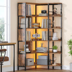 Hzuaneri 5-Tier Corner Bookshelf with LED Light, L-Shaped Bookcase with Metal Frame and Wooden Board, Industrial Bookcase with Display Shelf for Living Room Home Office, Rustic Brown