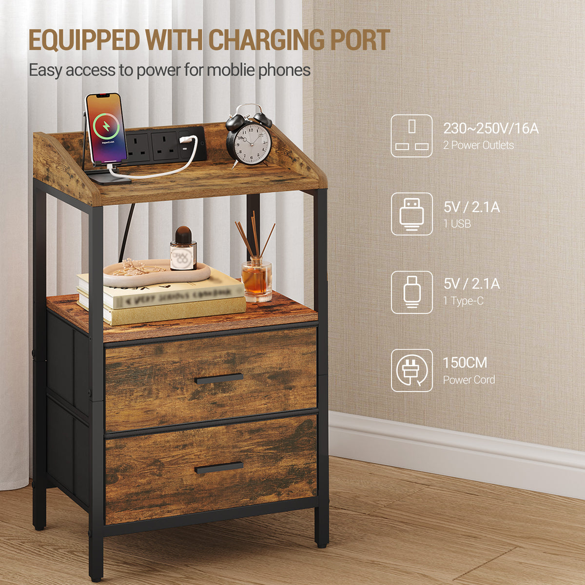 Hzuaneri Bedside Tables Set of 2 with LED Lights and Charging Station, Bedside Cabinet with 2 Fabric Storage Drawers, Nightstand with USB Ports & TypeC for Bedroom, Livingroom, Rustic Brown NS36201B
