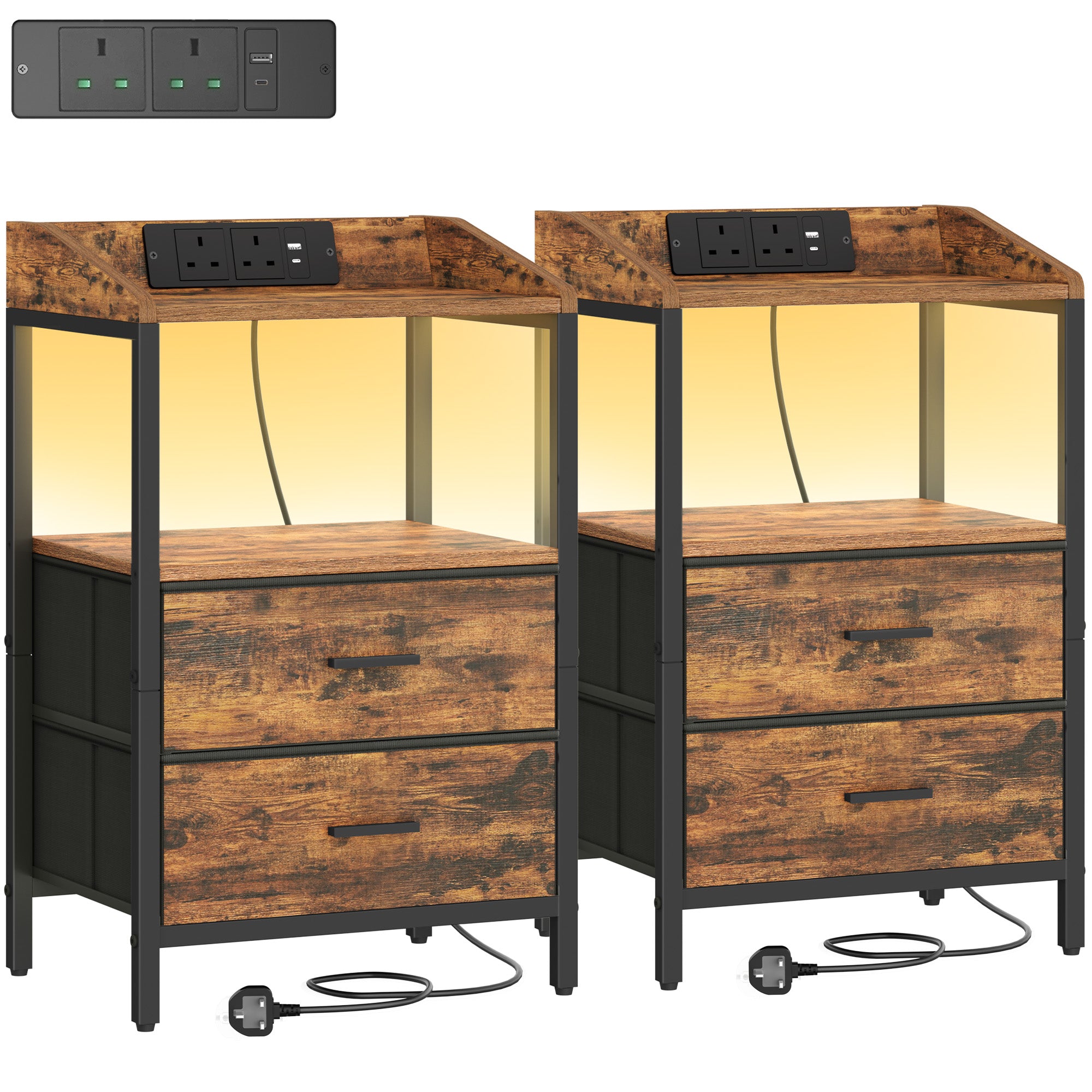 Hzuaneri Bedside Tables Set of 2 with LED Lights and Charging Station, Bedside Cabinet with 2 Fabric Storage Drawers, Nightstand with USB Ports & TypeC for Bedroom, Livingroom, Rustic Brown NS36201B