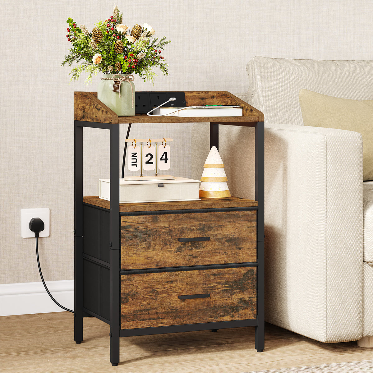 Hzuaneri Bedside Tables Set of 2 with LED Lights and Charging Station, Bedside Cabinet with 2 Fabric Storage Drawers, Nightstand with USB Ports & TypeC for Bedroom, Livingroom, Rustic Brown NS36201B