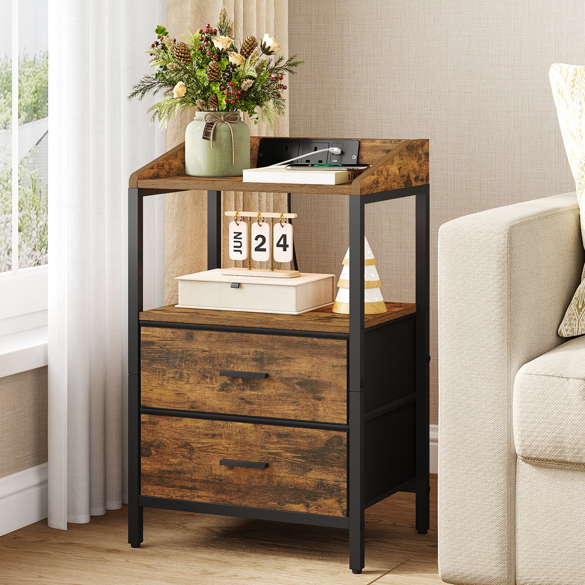 Hzuaneri Bedside Tables Set of 2 with LED Lights and Charging Station, Bedside Cabinet with 2 Fabric Storage Drawers, Nightstand with USB Ports & TypeC for Bedroom, Livingroom, Rustic Brown NS36201B