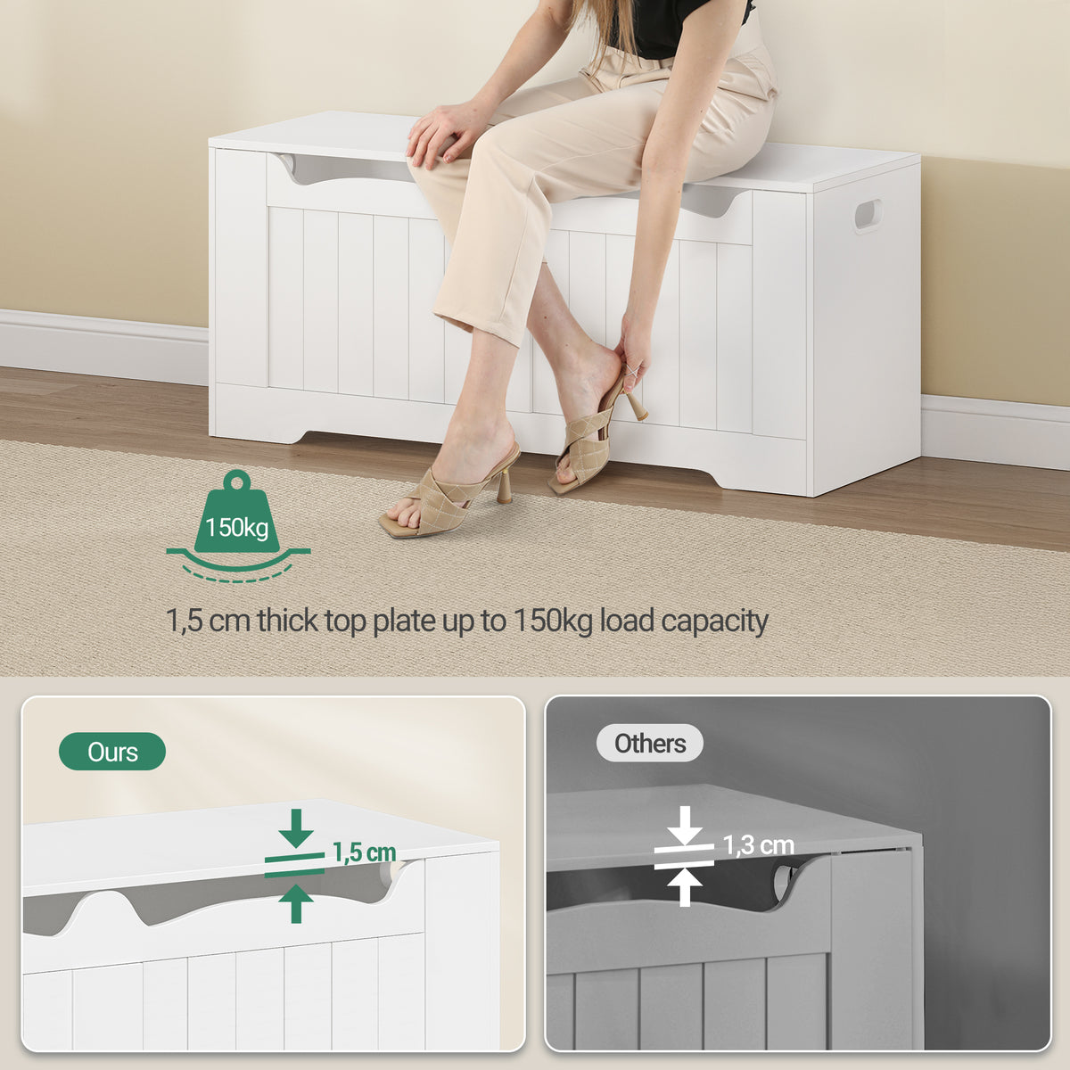Hzuaneri Shoe Bench Storage Box, White, 40 x 110 x 48 cm SB25503X Shoe Bench with 2 Stable Hinges for Entrance, Bedroom, Living Room