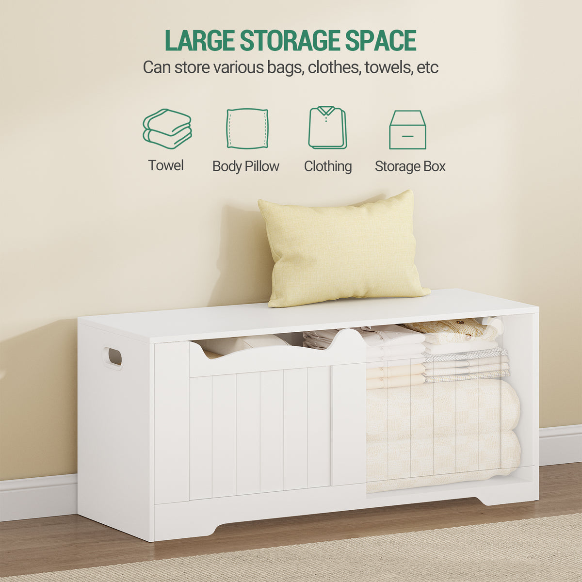 Hzuaneri Shoe Bench Storage Box, White, 40 x 110 x 48 cm SB25503X Shoe Bench with 2 Stable Hinges for Entrance, Bedroom, Living Room