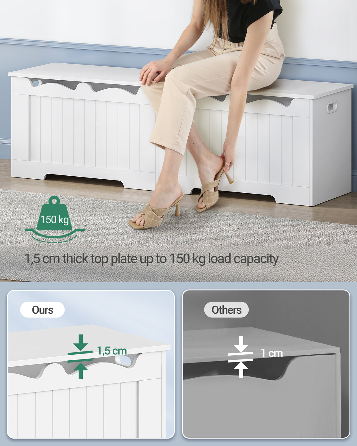 Hzuaneri shoe bench, storage bench with chest, 2 safety hinges, barn style, 40 x 150 x 48 cm, suitable for entryway, hallway and bedroom, white SB01503X