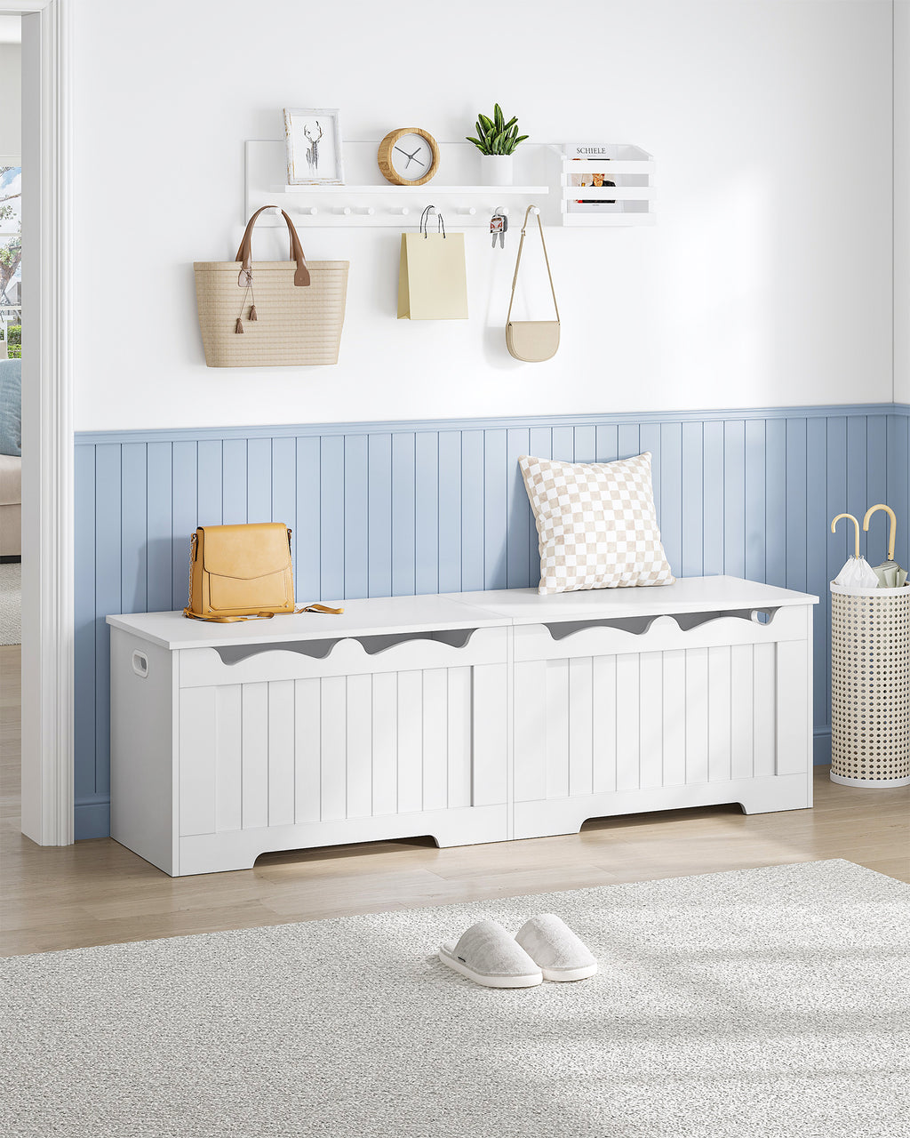 Hzuaneri shoe bench, storage bench with chest, 2 safety hinges, barn style, 40 x 150 x 48 cm, suitable for entryway, hallway and bedroom, white SB01503X