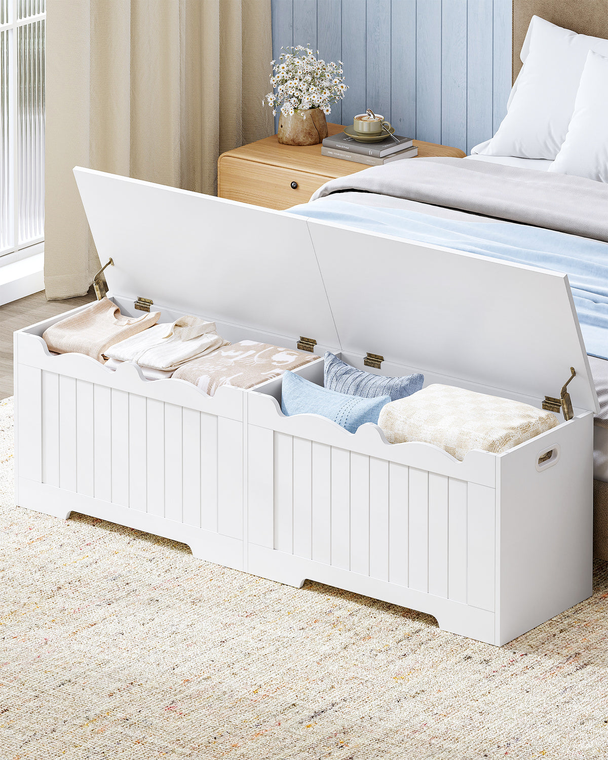 Hzuaneri shoe bench, storage bench with chest, 2 safety hinges, barn style, 40 x 150 x 48 cm, suitable for entryway, hallway and bedroom, white SB01503X