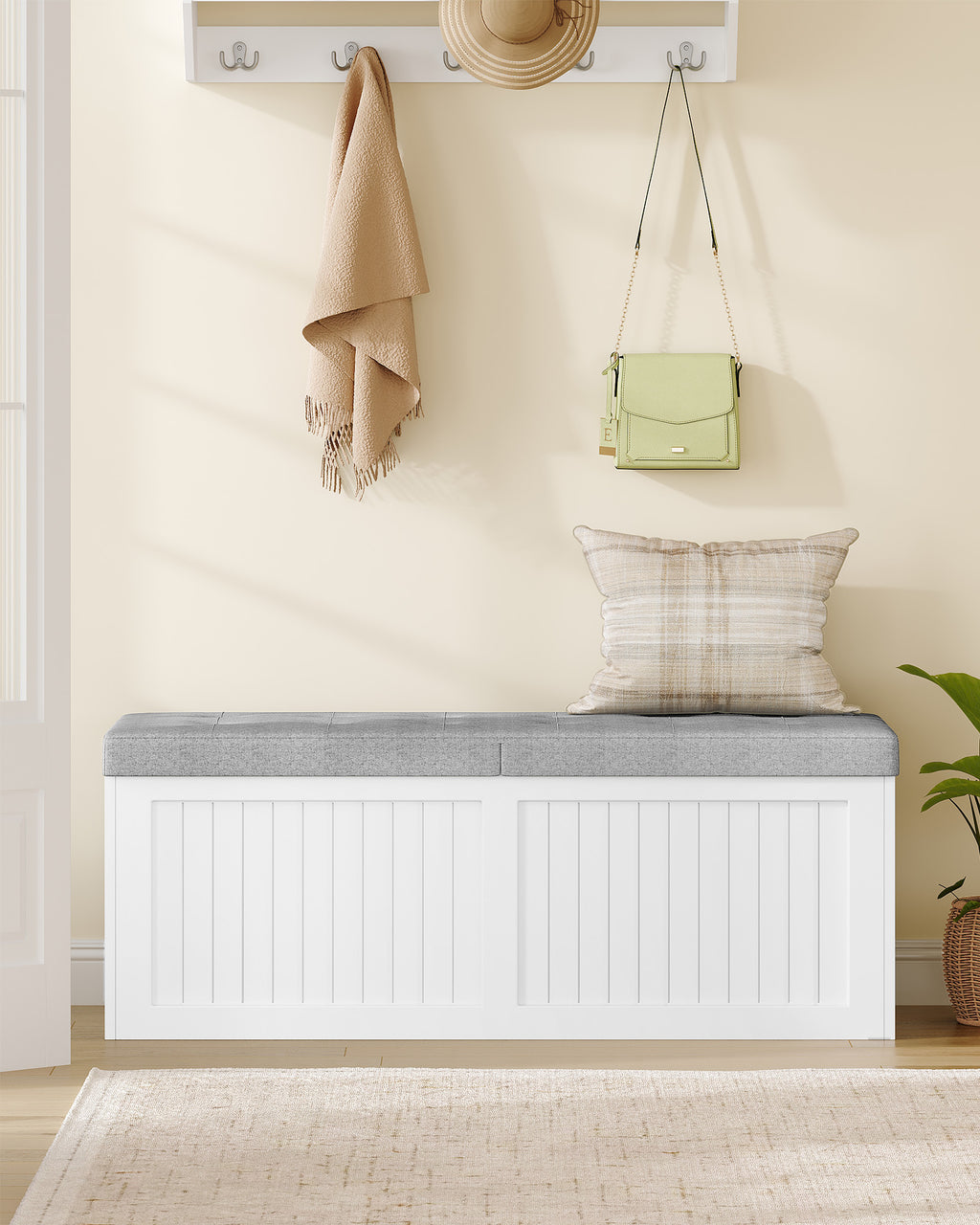 Hzuaneri Storage Chest, 109cm, Shoe Storage Bench with Seat, Large-capacity with Three Compartments, Blanket Box for Entryway, Living Room, Hallway, 40 x 109 x 44.5 cm, White-Grey SB01903GY