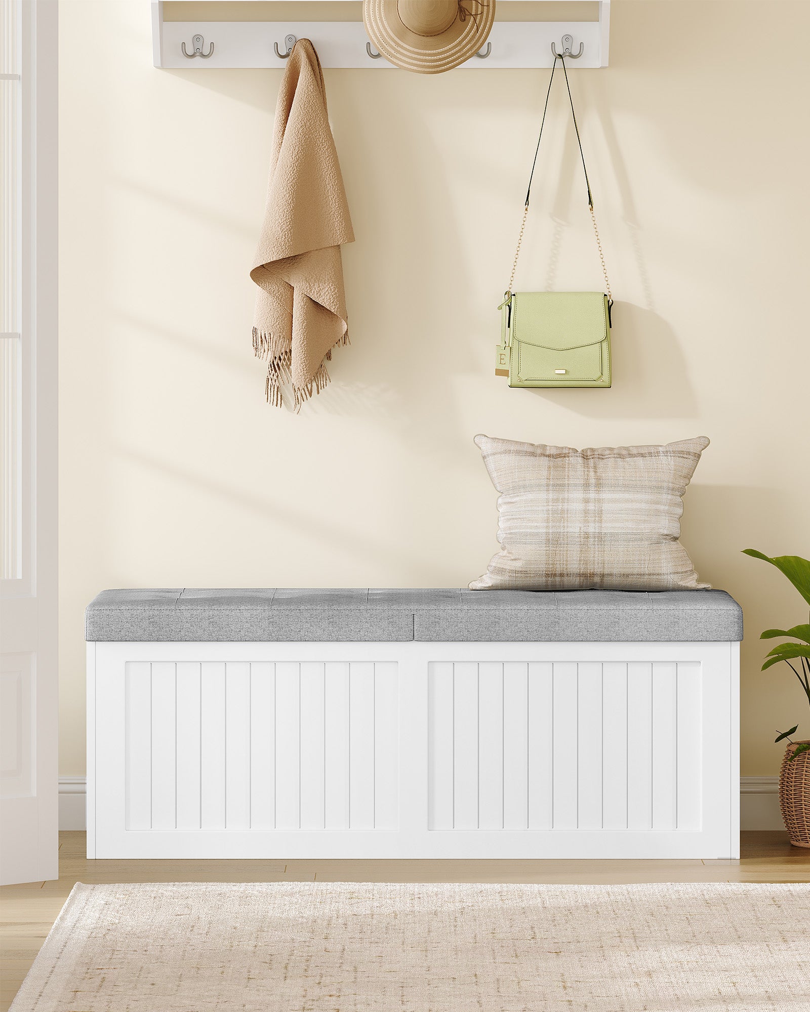 Hzuaneri Storage Chest, 109cm, Shoe Storage Bench with Seat, Large-capacity with Three Compartments, Blanket Box for Entryway, Living Room, Hallway, 40 x 109 x 44.5 cm, White-Grey SB01903GY