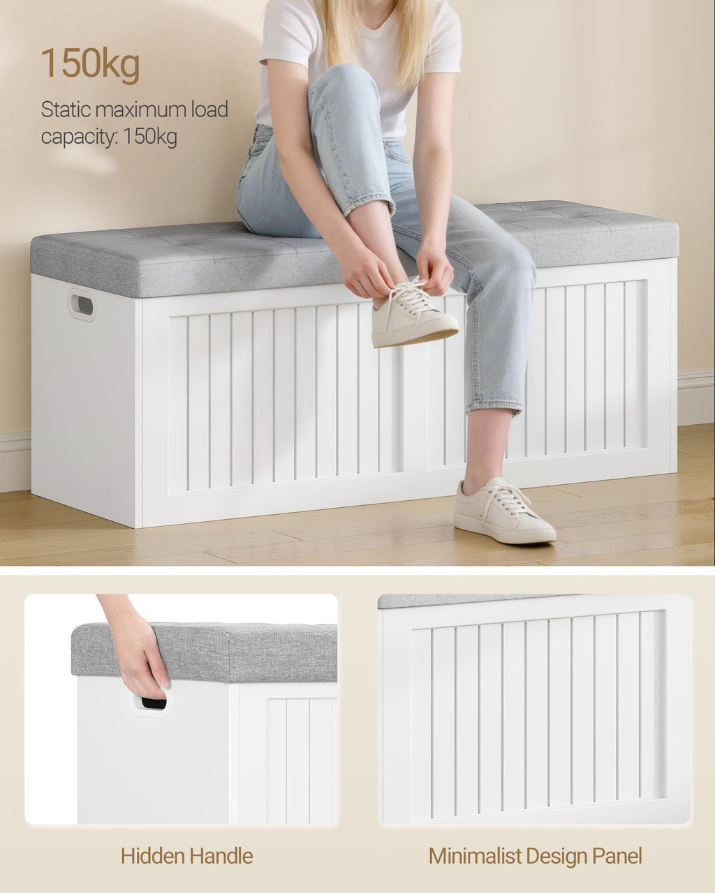 Hzuaneri Storage Chest, 109cm, Shoe Storage Bench with Seat, Large-capacity with Three Compartments, Blanket Box for Entryway, Living Room, Hallway, 40 x 109 x 44.5 cm, White-Grey SB01903GY