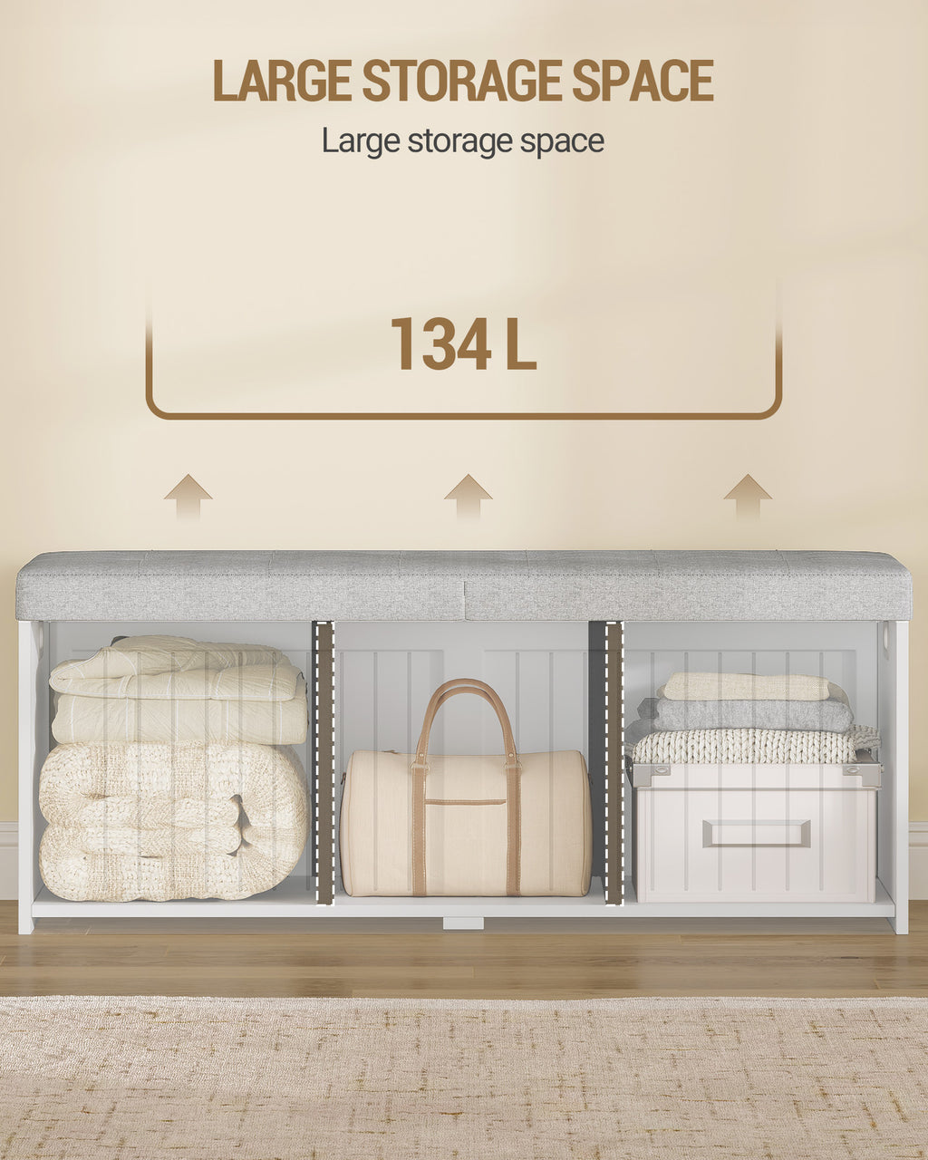Hzuaneri Storage Chest, 109cm, Shoe Storage Bench with Seat, Large-capacity with Three Compartments, Blanket Box for Entryway, Living Room, Hallway, 40 x 109 x 44.5 cm, White-Grey SB01903GY