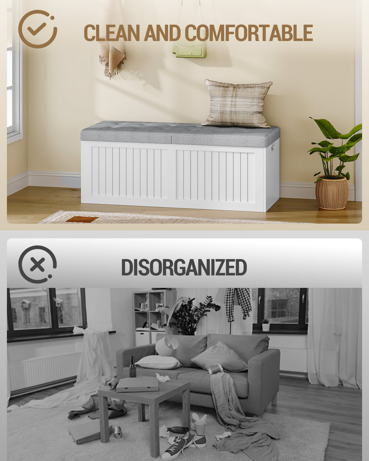 Hzuaneri Storage Chest, 109cm, Shoe Storage Bench with Seat, Large-capacity with Three Compartments, Blanket Box for Entryway, Living Room, Hallway, 40 x 109 x 44.5 cm, White-Grey SB01903GY