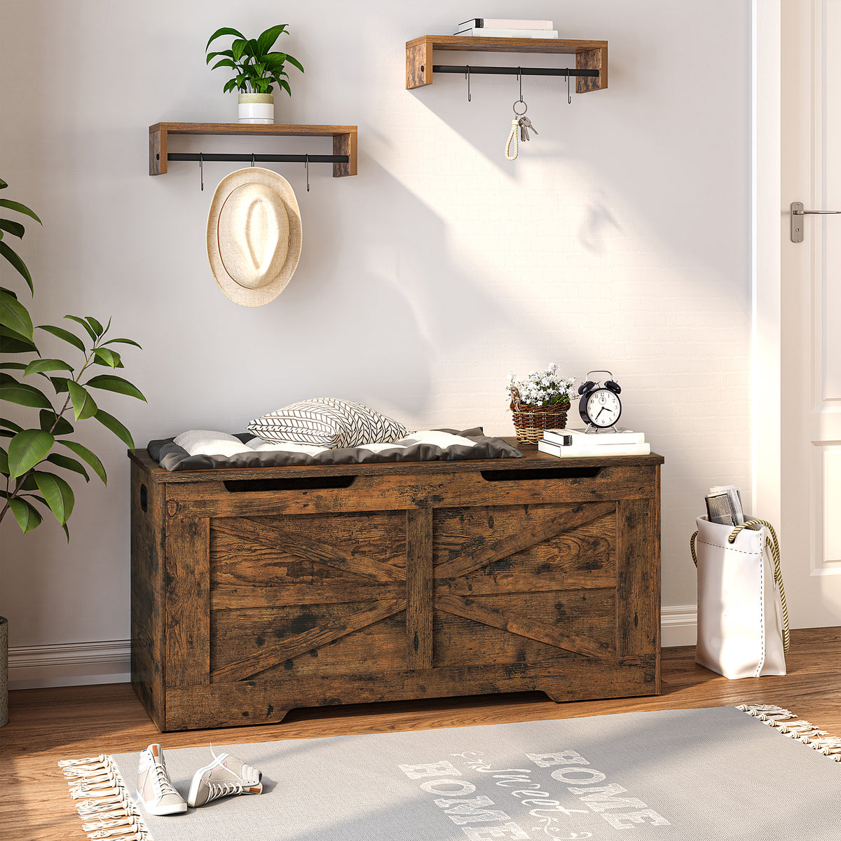 Hzuaneri Storage Chest, Storage Bench, Wooden Blanket Box Trunk with 2 Hinge, Lift-Top Organizer Chest, Shoe Bench for Hallway, Bedroom, Living Room, 40 x 100 x 48 cm, Rustic Brown SB03401X