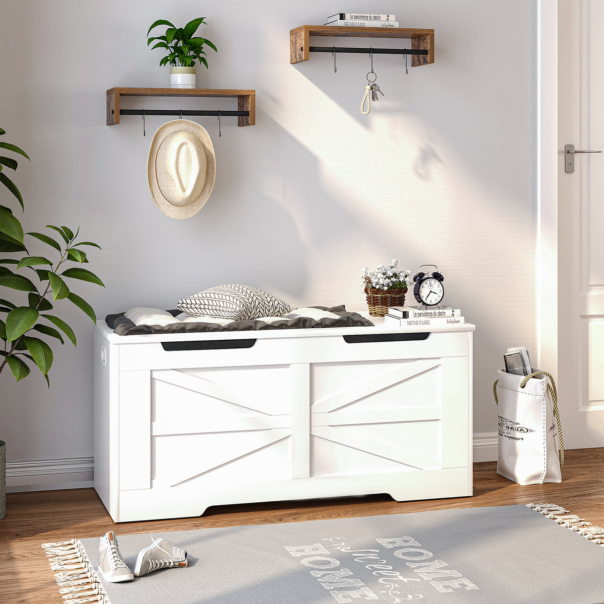 Hzuaneri Shoe Bench, Bench with Storage Space, Seat Chest, 100 cm Lift-Top Storage Organiser with 2 Sturdy Hinges, Shoe Bench for Entrance Area, Bedroom, Living Room, White SB03403X