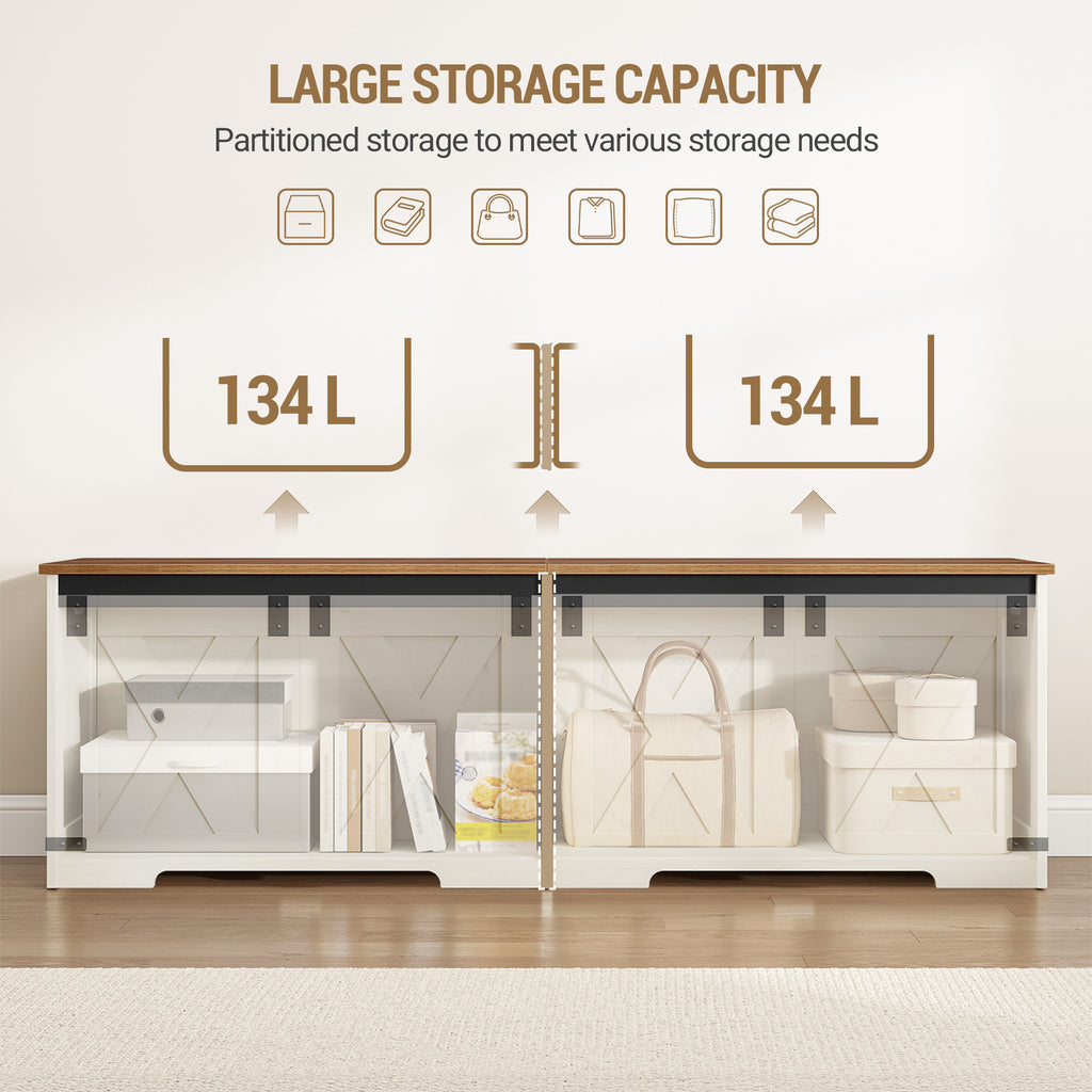 Hzuaneri Shoe Bench, Storage Cabinet, 2 Sturdy Hinges, Barn Style, 40 x 150 x 48.5 cm, Seat Chest for Entryway, Bedroom, White Brown, SB15014X
