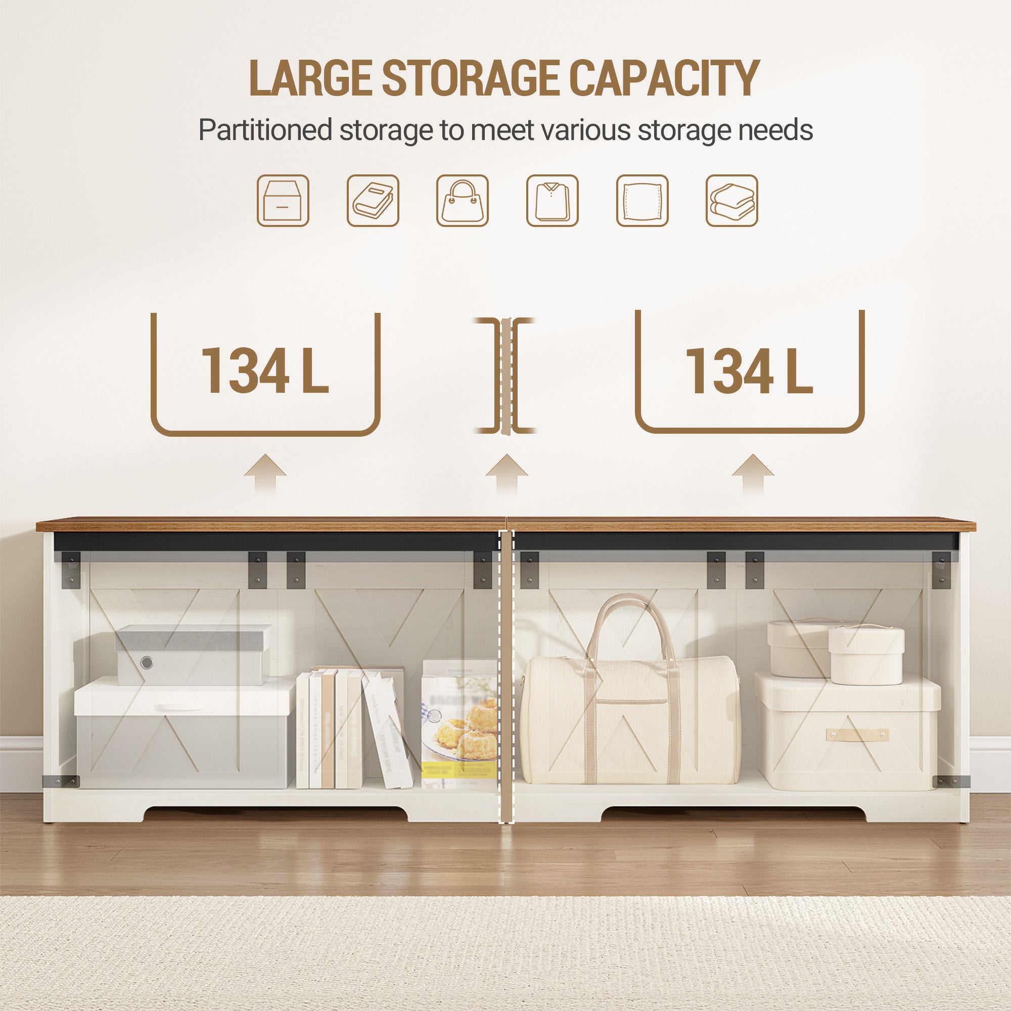 Hzuaneri Shoe Bench, Storage Cabinet, 2 Sturdy Hinges, Barn Style, 40 x 150 x 48.5 cm, Seat Chest for Entryway, Bedroom, White Brown, SB15014X