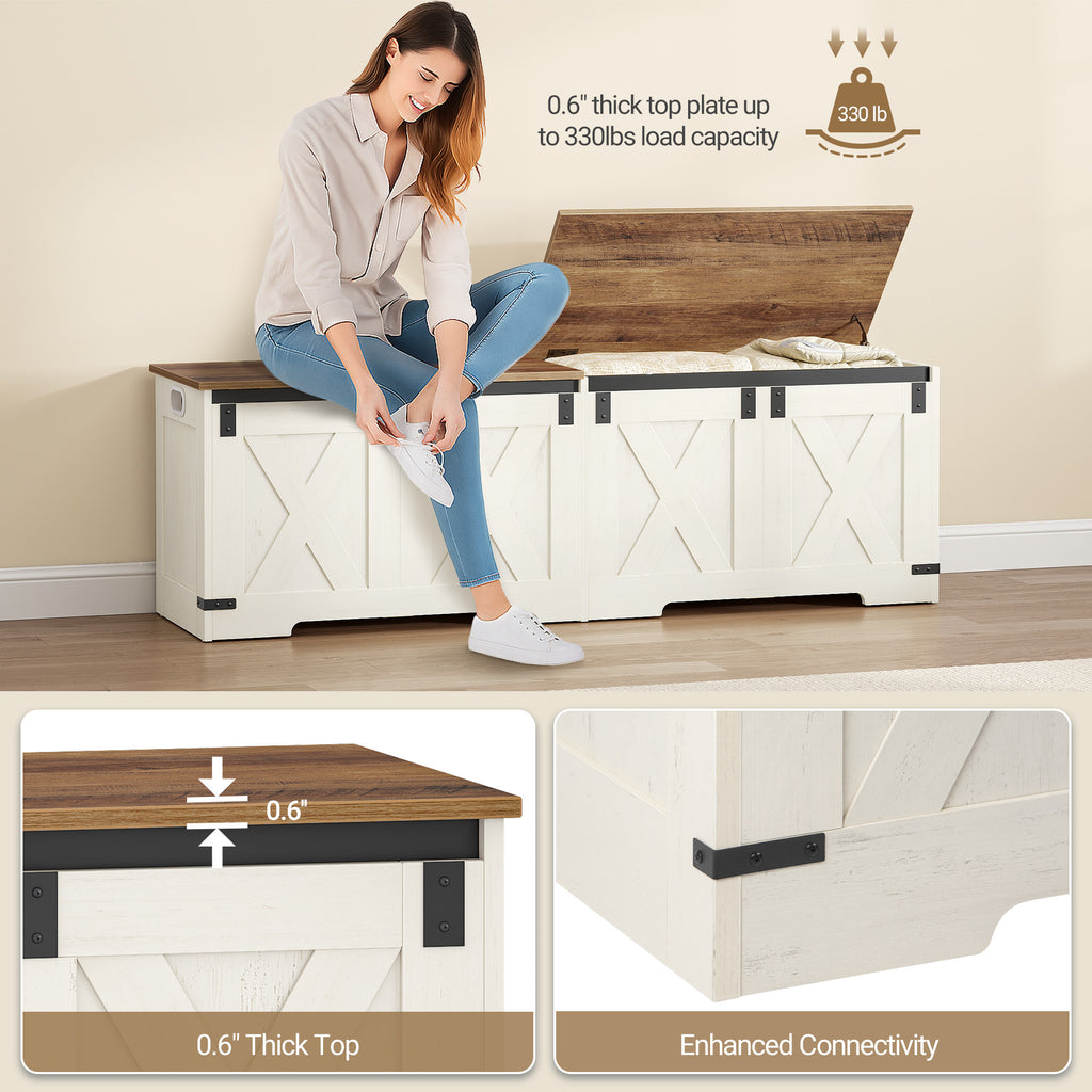 Hzuaneri Shoe Bench, Storage Cabinet, 2 Sturdy Hinges, Barn Style, 40 x 150 x 48.5 cm, Seat Chest for Entryway, Bedroom, White Brown, SB15014X