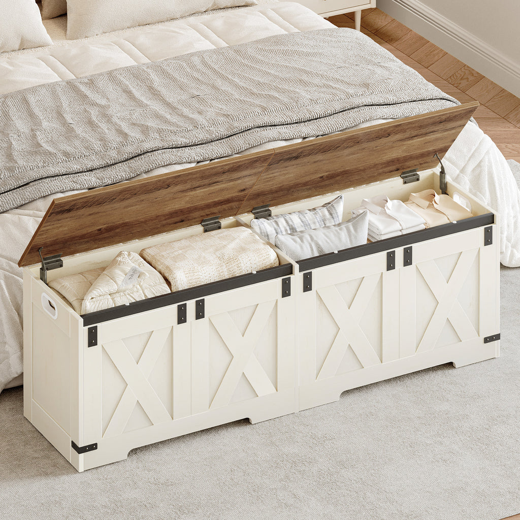 Hzuaneri Shoe Bench, Storage Cabinet, 2 Sturdy Hinges, Barn Style, 40 x 150 x 48.5 cm, Seat Chest for Entryway, Bedroom, White Brown, SB15014X