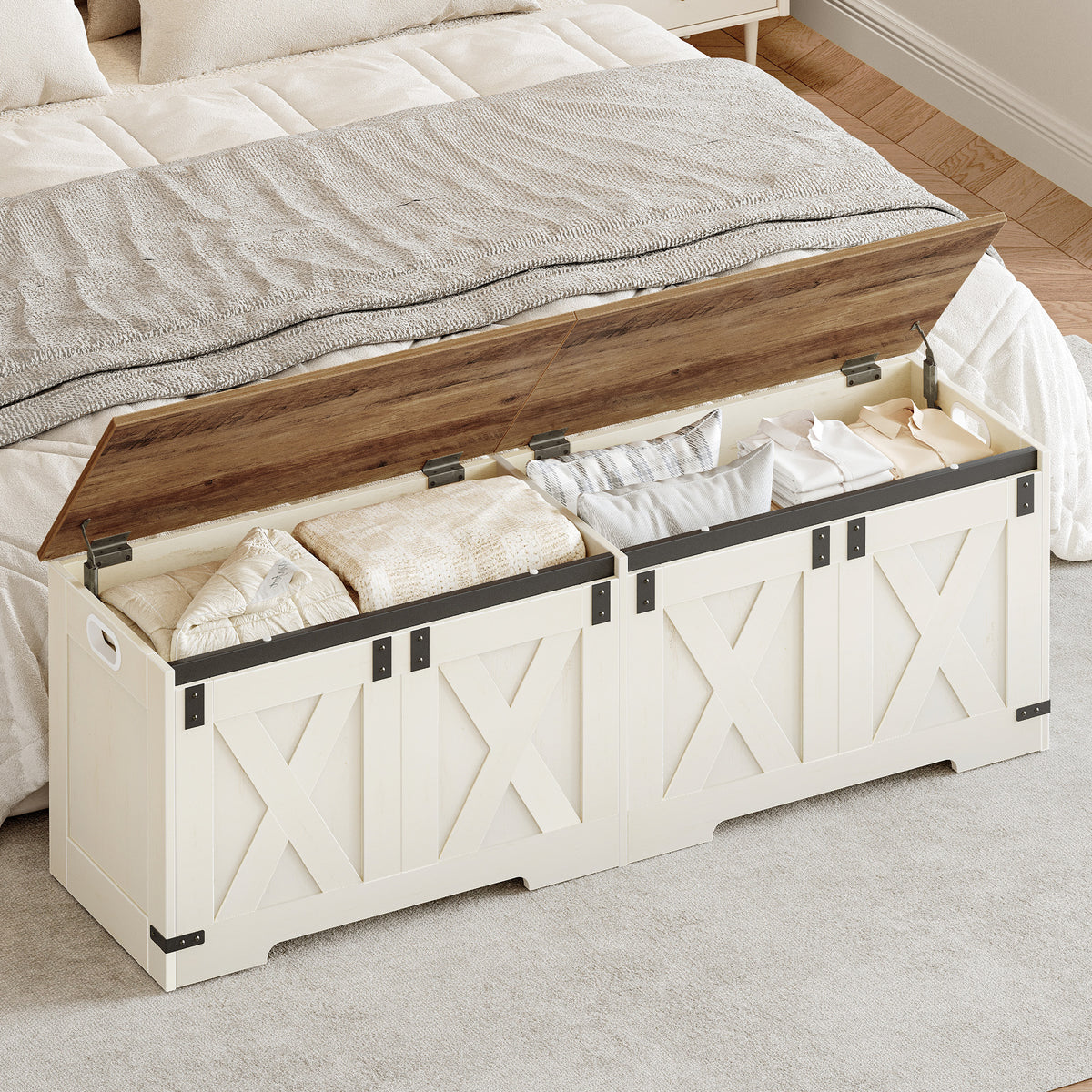 Hzuaneri Shoe Bench, Storage Cabinet, 2 Sturdy Hinges, Barn Style, 40 x 150 x 48.5 cm, Seat Chest for Entryway, Bedroom, White Brown, SB15014X