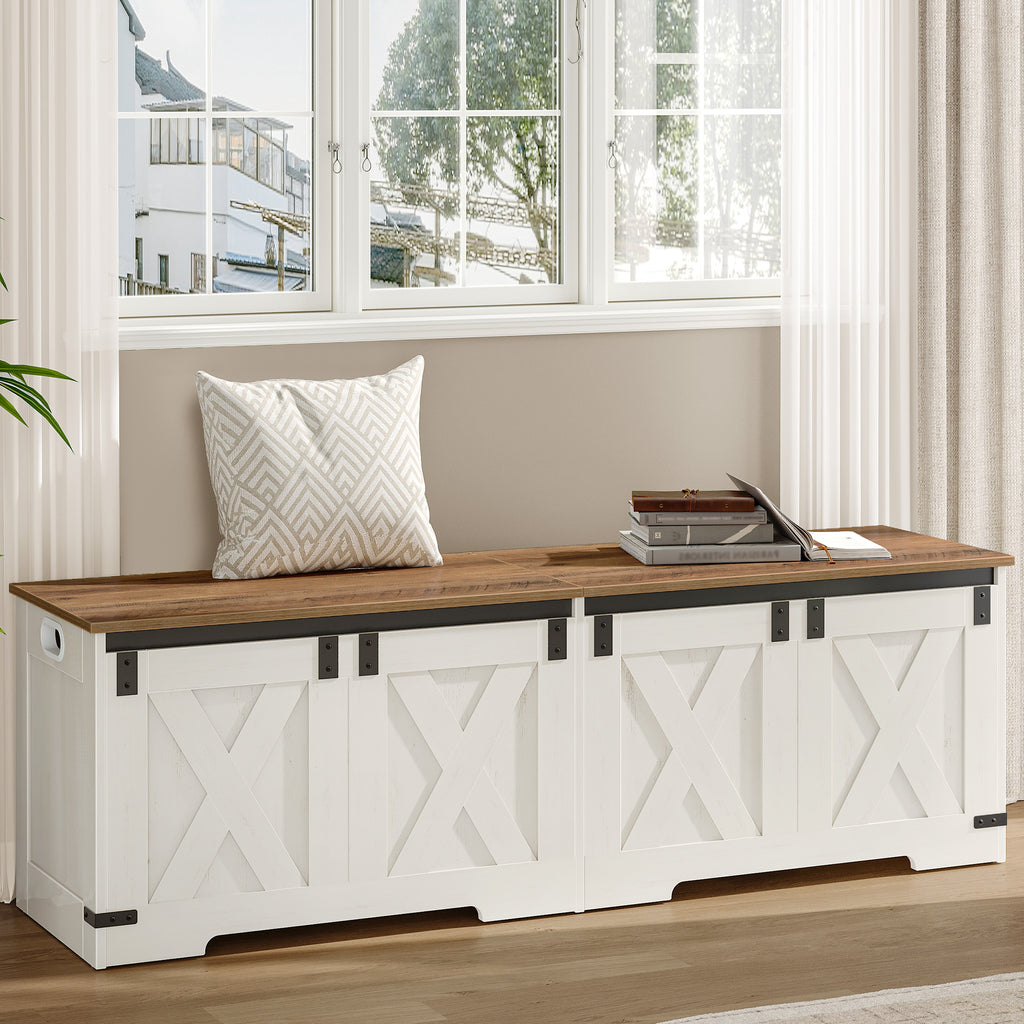 Hzuaneri Shoe Bench, Storage Cabinet, 2 Sturdy Hinges, Barn Style, 40 x 150 x 48.5 cm, Seat Chest for Entryway, Bedroom, White Brown, SB15014X